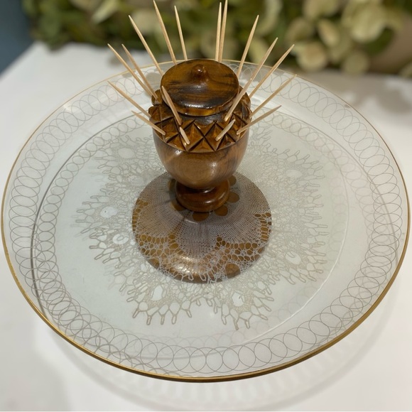 Vintage Mid Century Appetizer Pedistal Serving Tray Glass Wood Toothpick Holder